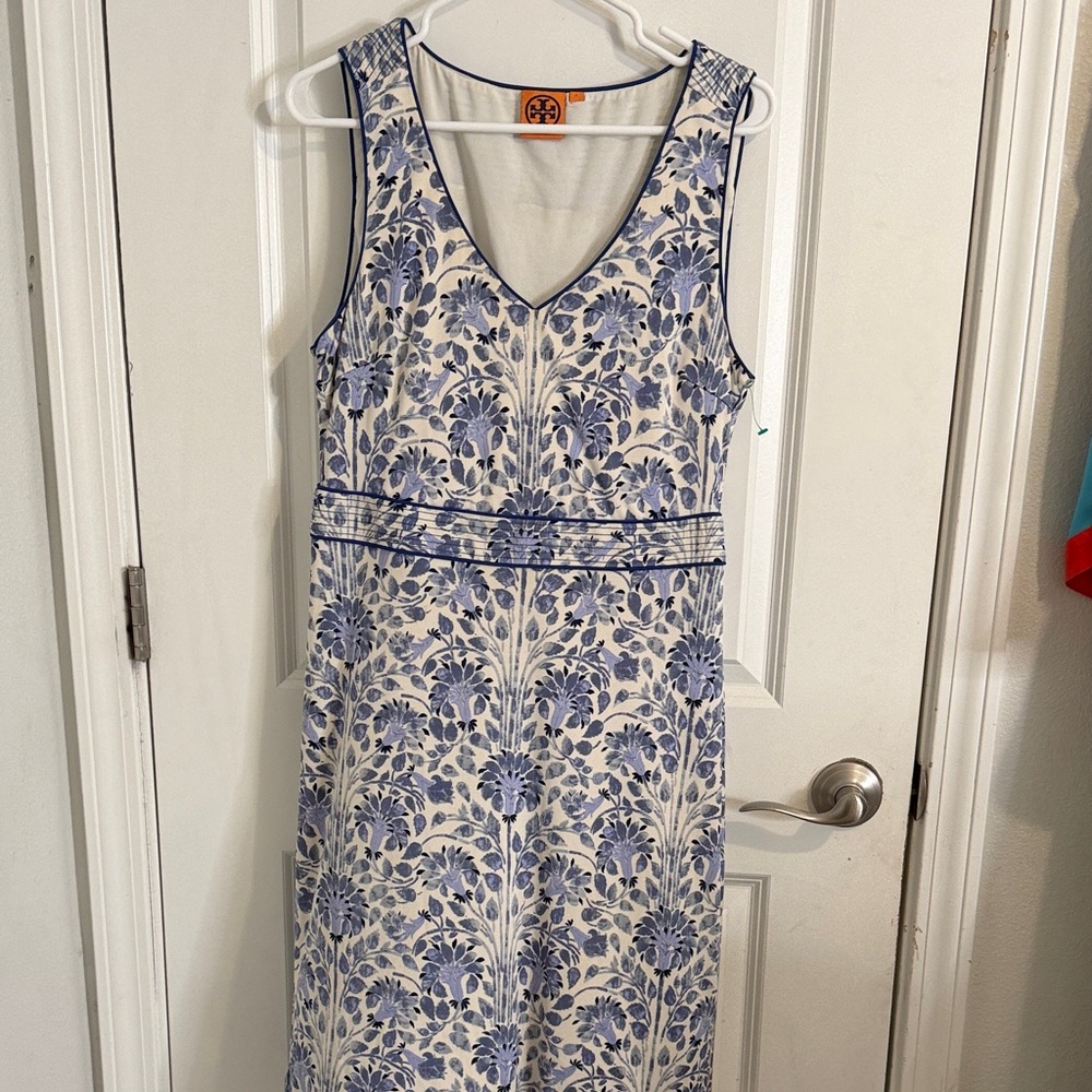 Tory Burch White and Blue Floral Midi Dress